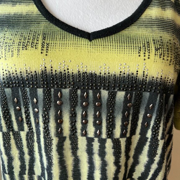 Christopher & Banks Yellow/Green/Black Striped Rhinestone Tee - L - Y2K Sparkle! - Picture 2 of 8